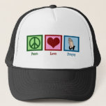 Peace Love Prayer Trucker Pet<br><div class="desc">Een vredesteken,  hart en twee handen vouwden zich om te bidden. Een mooi religieus cadeau.</div>