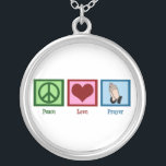 Peace Love Prayer Zilver Vergulden Ketting<br><div class="desc">Een vredesteken,  hart en twee handen vouwden zich om te bidden. Een mooi religieus cadeau.</div>