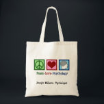 Peace Love Psychology Cute Psycholoog Custom Tote Bag<br><div class="desc">Peace Love Psychology. Een schattig cadeau van de canvas tas van de psycholoog met een vredesteken, hart en menselijk brein. Een , gepersonaliseerd cadeau voor een therapeut die goed is in het helpen van mensen door middel van therapie.</div>