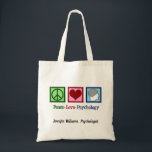 Peace Love Psychology Cute Psycholoog Custom Tote Bag<br><div class="desc">Peace Love Psychology. Een schattig cadeau van de canvas tas van de psycholoog met een vredesteken, hart en menselijk brein. Een , gepersonaliseerd cadeau voor een therapeut die goed is in het helpen van mensen door middel van therapie.</div>
