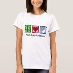 Peace Love Psychology T-shirt<br><div class="desc">Peace Love Psychology. Een schattig psychologisch cadeau met een vredesteken,  hart en menselijk brein. Een  cadeau voor een therapeut die goed is in het helpen van mensen door middel van therapie.</div>