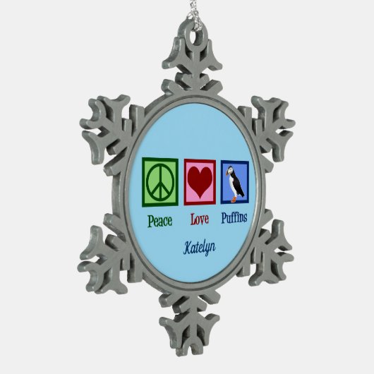 Peace Love Puffins Cute Custom Blue Puffin Tin Sneeuwvlok Ornament (Links)