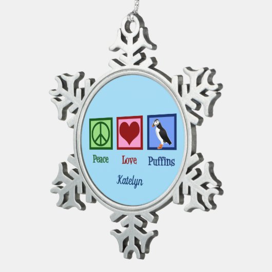 Peace Love Puffins Cute Custom Blue Puffin Tin Sneeuwvlok Ornament (Rechts)
