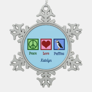 Peace Love Puffins Cute Custom Blue Puffin Tin Sneeuwvlok Ornament