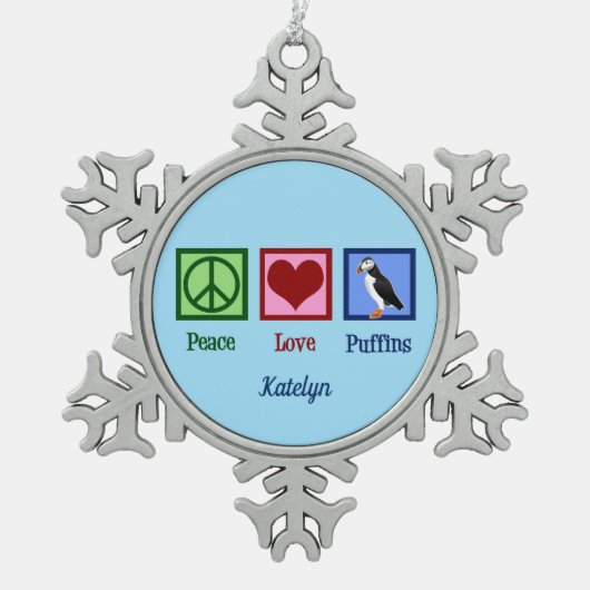 Peace Love Puffins Cute Custom Blue Puffin Tin Sneeuwvlok Ornament (Voorkant)