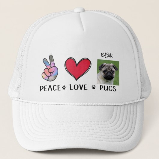 Peace Love Pug Hondenliefhebbers Trucker Hat Pet (Voorkant)