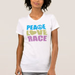 Peace Love Race T-shirt<br><div class="desc">Peace Love Race... Wat heb je nog meer nodig in het leven? Ideaal geschenk voor elke raceverslaafde. Het maakt niet uit of je een professionele coureur bent, je een competitieve marathonloper bent, je bent 30 jaar oud en nog steeds schreeuwt "Race you!" als je met vrienden of familie meeloopt, loop...</div>