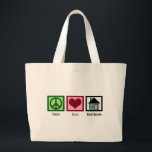Peace Love Real Estate Grote Tote Bag<br><div class="desc">vastgoedgeschenken voor een goed, een eigendomsbedrijf, een hypotheekmakelaar, een leningofficier of zelfs een nieuwe huiseigenaar. Een vredesteken, een hart en een huis.</div>