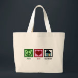 Peace Love Real Estate Grote Tote Bag<br><div class="desc">vastgoedgeschenken voor een goed, een eigendomsbedrijf, een hypotheekmakelaar, een leningofficier of zelfs een nieuwe huiseigenaar. Een vredesteken, een hart en een huis.</div>