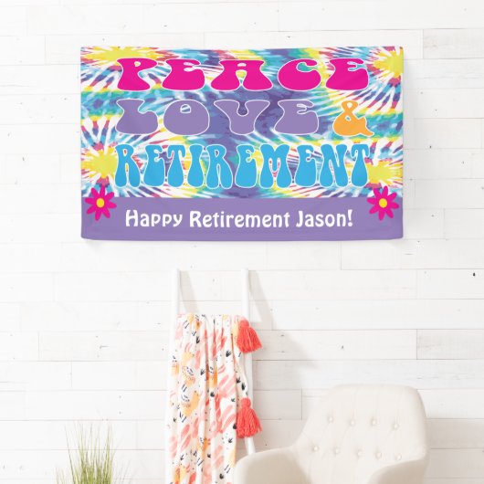 Peace Love & Retirement Tie Dye Theme Party Spandoek (Insitu)