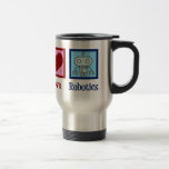 Peace Love Robotics Reisbeker<br><div class="desc">Peace Love Robotics gift met een vredesteken, hart en een coole robot gemaakt met nanotechnologie. Een schattige professor kunstmatige intelligentie of een robotisch groot cadeau. Orde voor een robotlaboratoriumtechnicus die met programmering en techniek werkt.</div>