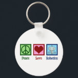 Peace Love Robotics Sleutelhanger<br><div class="desc">Peace Love Robotics gift met een vredesteken,  hart en een coole robot gemaakt met nanotechnologie. Een schattige professor kunstmatige intelligentie of een robotisch groot cadeau. Orde voor een robotlaboratoriumtechnicus die met programmering en techniek werkt.</div>