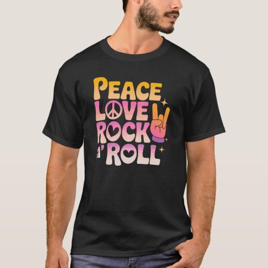 Peace Love Rock on Roll - Muziek-geïnspireerde typ T-shirt (Voorkant)