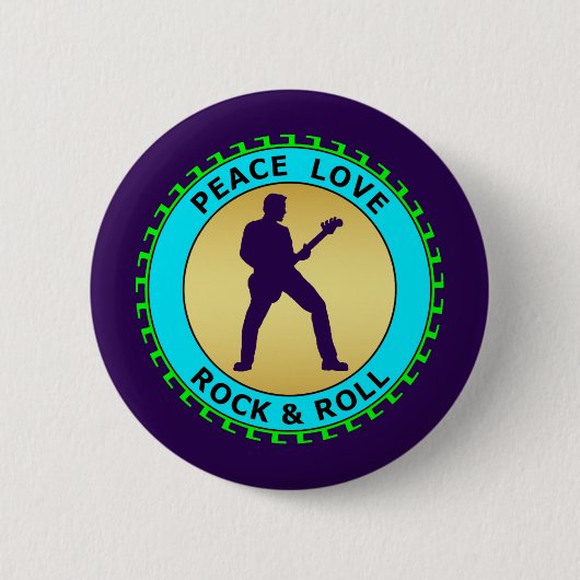 PEACE LOVE ROCK & ROLL RONDE BUTTON 5,7 CM (Voorkant)