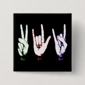 Peace Love Rock Sign Language Black Button (Voorkant)