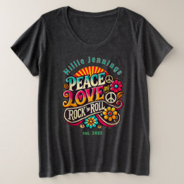Peace Love RocknRoll Retro 70s  Psychedelic Grote Maat T-shirt