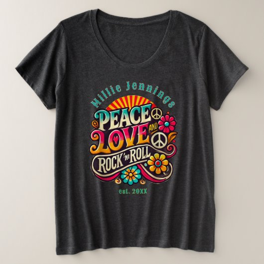 Peace Love RocknRoll Retro 70s  Psychedelic Grote Maat T-shirt (Design voorkant)