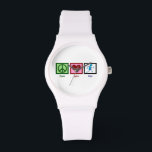 Peace Love Run Horloge<br><div class="desc">Een leuk lopend cadeau. Een vredesteken, hart en een runner. Ik hou van marathons.</div>