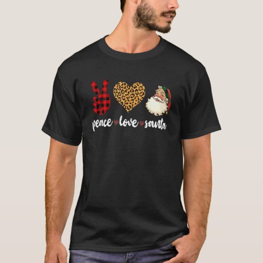 Peace Love Santa Leopard Buffalo Plaid Christmas T-shirt (Voorkant)
