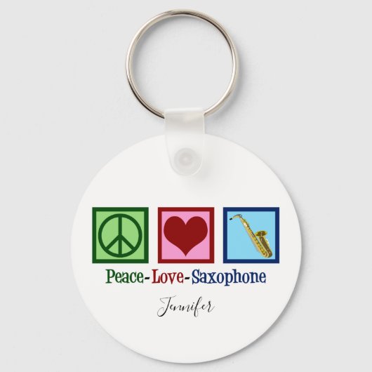 Peace Love Saxophone Cute Monogram Blue Sleutelhanger (Voorkant)