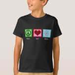 Peace Love Science Atom Model Kinder T-shirt<br><div class="desc">Koel een kinder t-shirt voor een wetenschapper of gewoon een geek die graag leert hoe de wereld werkt. Cute Peace Love Science kinderen's t-shirt met een vredes-,  hart- en atoommodel.</div>