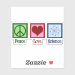 Peace Love Science Sticker<br><div class="desc">Koel sticker voor een wetenschapsleraar,  wetenschapper of gewoon een geek die graag leert hoe de wereld werkt. Cute Peace Love Science-ontwerp met een vredesteken,  hart en atoom-model.</div>