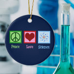 Peace Love Science Teacher Blue Kerstmis Keramisch Ornament<br><div class="desc">Cool gift voor een leraar wetenschappen,  wetenschapper of gewoon een geek die graag leert hoe de wereld werkt. Cute Peace Love Science-ontwerp met een vredesteken,  hart en atoom-model.</div>