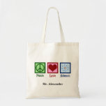 Peace Love Science Teacher Personalized Tote Bag<br><div class="desc">Cool gift voor een leraar wetenschappen,  wetenschapper of gewoon een geek die graag leert hoe de wereld werkt. Cute Peace Love Science-ontwerp met een vredesteken,  hart en atoom-model.</div>