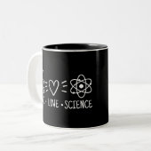 Peace Love Science Tweekleurige Koffiemok (Voorkant links)