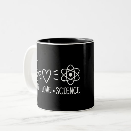 Peace Love Science Tweekleurige Koffiemok (Voorkant links)