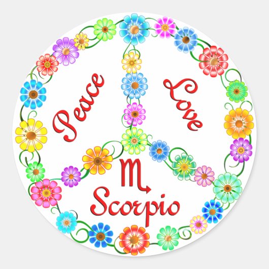 Peace Love Scorpio Ronde Sticker (Voorkant)