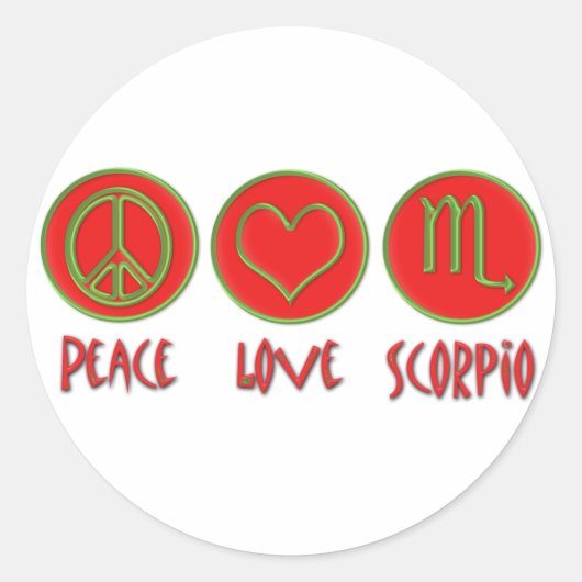 Peace Love Scorpio Ronde Sticker (Voorkant)