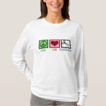 Peace Love Scrapbooking T-shirt<br><div class="desc">Slapbooking is een ernstige verslaving. Mijn dure kunst en ambachtelijke hobby. Vredesteken,  hart en een schaar.</div>
