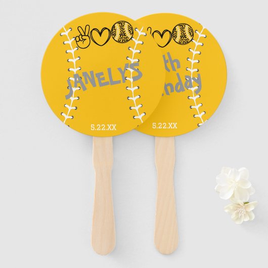 Peace Love Softbal Verjaardag Handwaaier (Voorkant en achterkant)