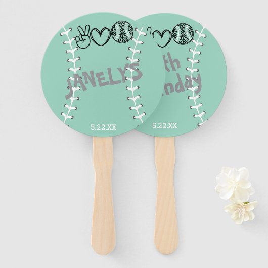 Peace Love Softbal Verjaardag Handwaaier (Voorkant en achterkant)