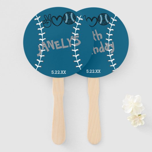 Peace Love Softbal Verjaardag Handwaaier (Voorkant en achterkant)