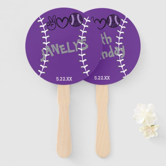 Peace Love Softbal Verjaardag Handwaaier (Voorkant en achterkant)