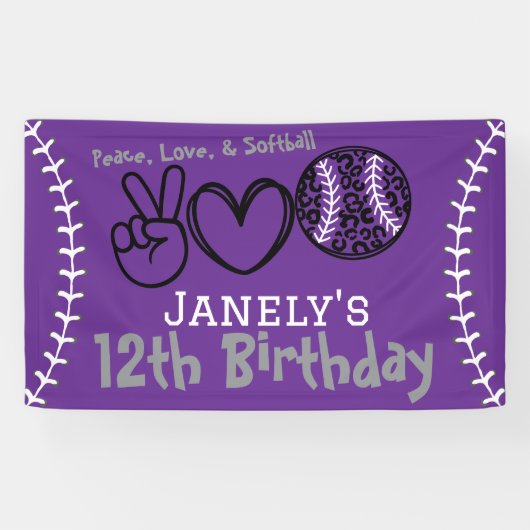 Peace Love Softbal Verjaardag Spandoek (Horizontaal)