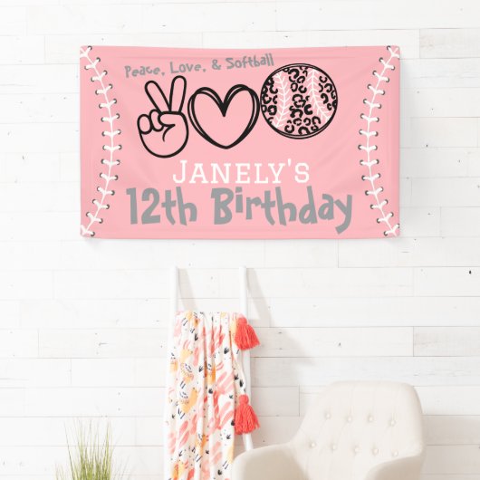 Peace Love Softbal Verjaardag Spandoek (Insitu)