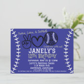 Peace Love Softbal verjaardagsuitnodiging Kaart (Staand voorkant)