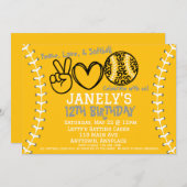 Peace Love Softbal verjaardagsuitnodiging Kaart (Voorkant / Achterkant)