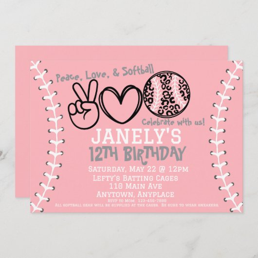 Peace Love Softbal verjaardagsuitnodiging Kaart (Voorkant / Achterkant)