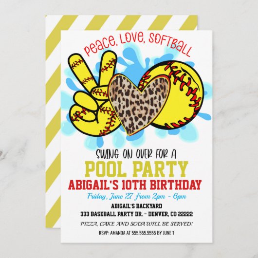Peace Love Softball Pool Party Uitnodiging (Voorkant / Achterkant)