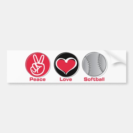 Peace Love Softball Red Bumpersticker (Voorkant)