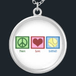 Peace Love Softball Zilver Vergulden Ketting<br><div class="desc">Een vredesteken,  hart en een softball. Een schattig cadeau voor een softbalspeler.</div>