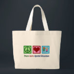 Peace Love Special Education Grote Tote Bag<br><div class="desc">Peace Love Special Education-leraar of kinderkerstcadeau voor iemand die werkt met kinderen die speciale behoeften hebben in een middelkamer of school. Een schattig speciaal cadeau met een vredelievend teken, een hart en kinder spellen.</div>