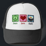 Peace Love Sushi Trucker Pet<br><div class="desc">Peace Love Sushi. Een schattige sushi minnaar cadeau voor een Japanse voedselfan die graag rauwe vis eet.</div>