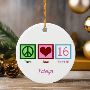 Peace Love Sweet 16 Cute 16th Birthday Custom Keramisch Ornament