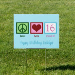 Peace Love Sweet 16 Cute Custom 16th Birthday Yard Tuinbord<br><div class="desc">Dit 'Peace Love Sweet Sixteen'-bordje is de perfecte leuke verjaardagsfeesttoevoeging voor een tienermeisje dat van  roze 16 houdt naast een vredes- en hartbord. Beveel dit cadeau voor de 16de dag van je dochter om haar speciale dag perfect te maken.</div>