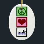 Peace Love Swim Keramisch Ornament<br><div class="desc">Een vredesteken,  hart en een blauw zwemmen. Ik hou van zwemmen. Een groot cadeau voor een zwemmer of een badmeester.</div>
